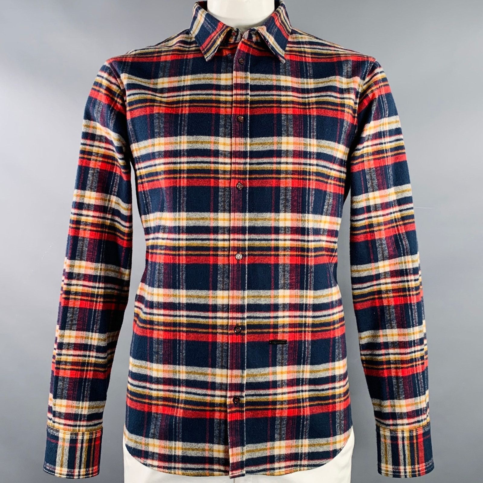 Dsquared2 XL Navy Red Yellow Plaid Cotton Button Up Long Sleeve Shirt Size US XL / EU 56 / 4 - 1 Thumbnail