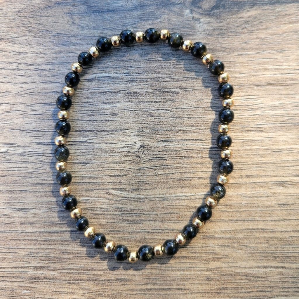 Handmade Natural Gemstone Golden Obsidian 4mm Dainty Beaded Bracelet Size ONE SIZE - 1 Thumbnail