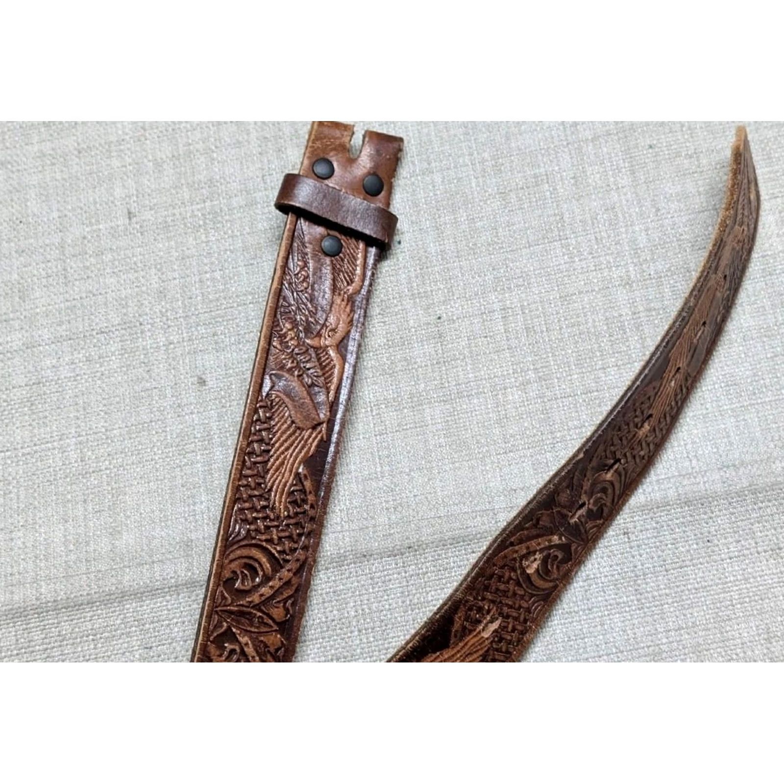 Vintage VINTAGE brown TOOLED leather EAGLE buckle belt 42 WESTERN cowboy USA america Size 42 - 4 Thumbnail