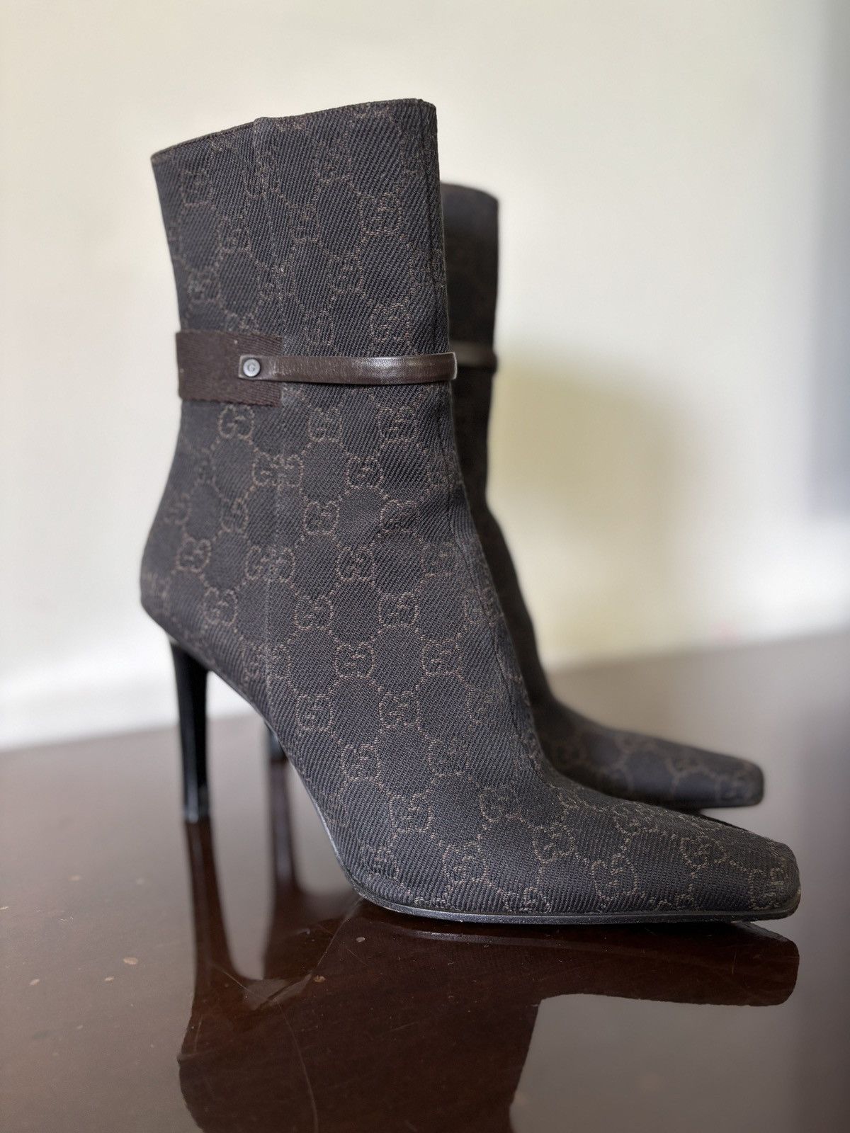 Gucci Gucci Monogram Canvas Leather Trim Heel Ankle Boot 38C Brown Size US 8 / IT 38 - 1 Thumbnail
