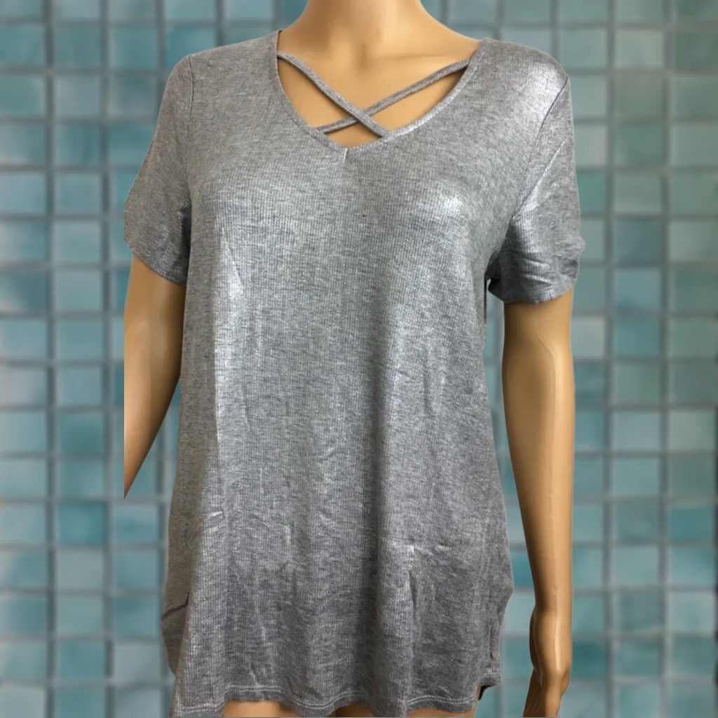 Bar III Bar III Criss Cross Top Womens S Metallic Short Sleeve V-Neck Casual Shirt New Size S / US 4 / IT 40 - 1 Thumbnail