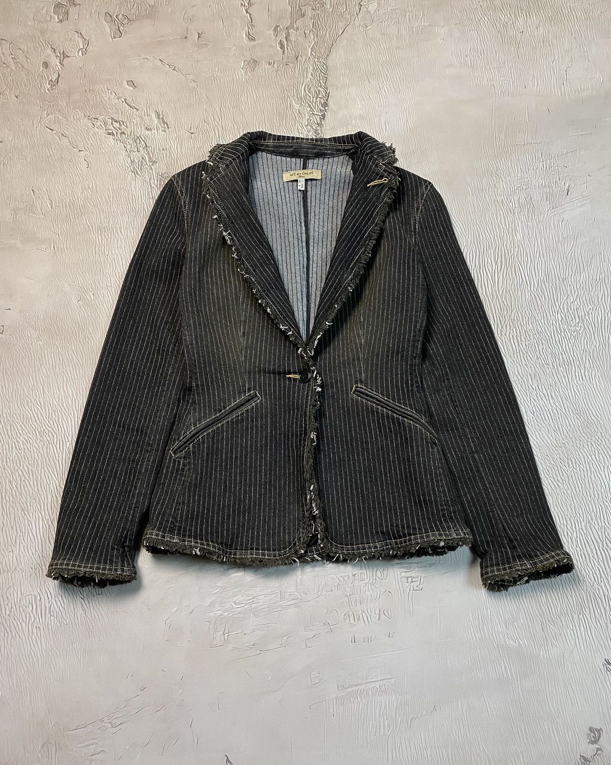 image of Avant Garde See By Chloe Very Y2K Distressed Denim Blazer Jacket, Women's (Size Medium)