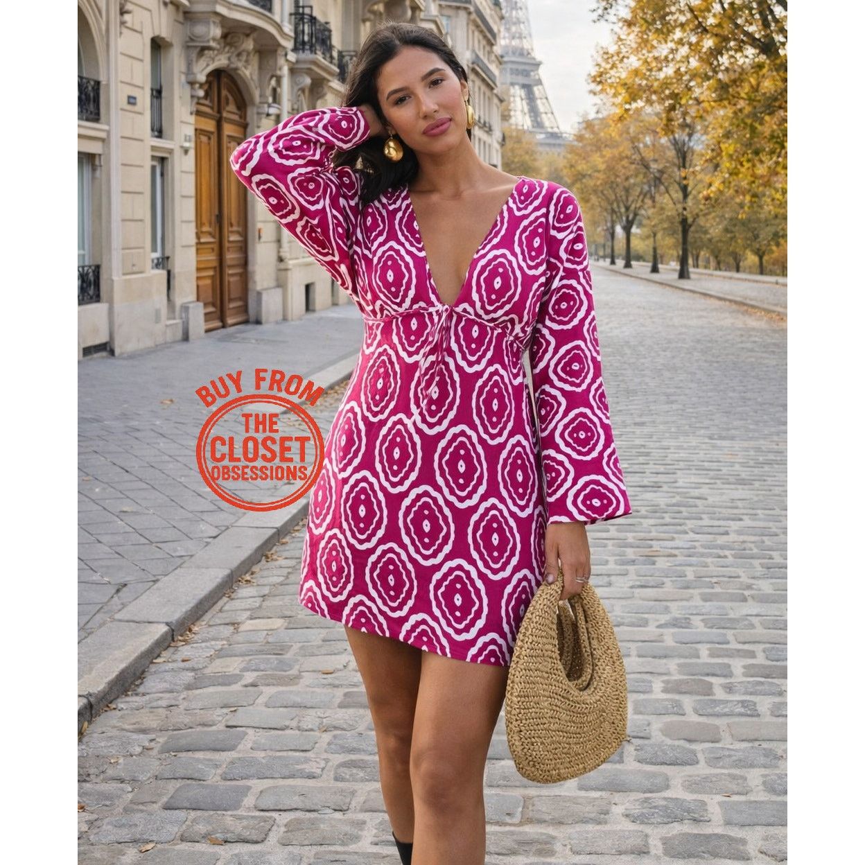 Zara ZARA Fuchsia Printed V Neck Mini Dress NWT Size S / US 4 / IT 40 - 2 Thumbnail