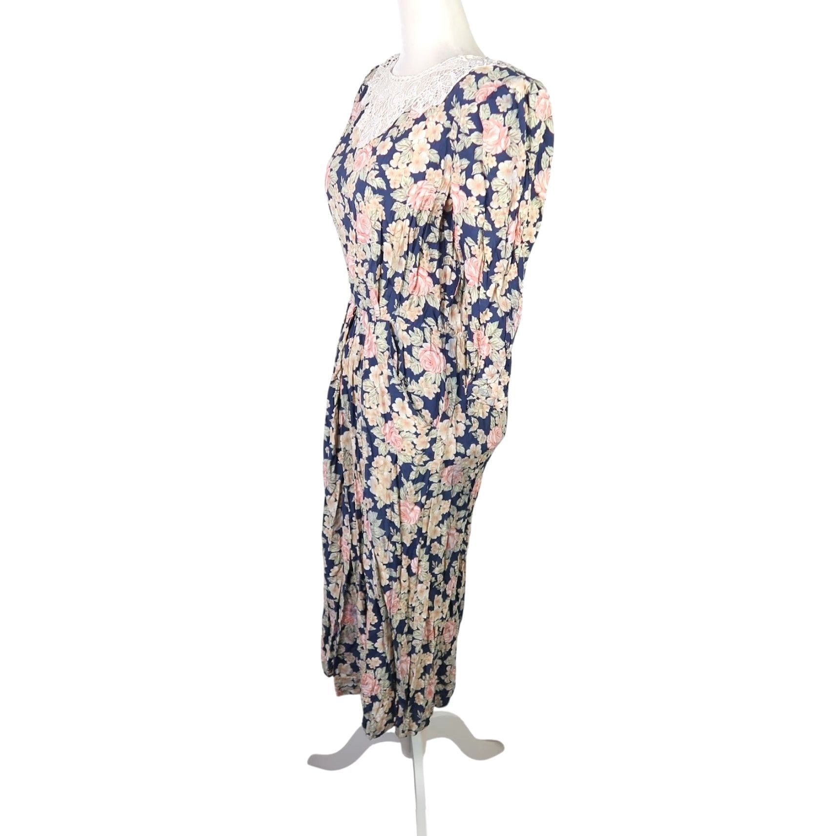 Vintage VINTAGE 80s E.D. Michaels Navy Blue Floral Lace Collar Midi Dress 6 Size M / US 6-8 / IT 42-44 - 3 Thumbnail