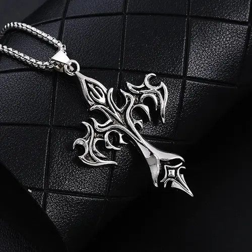 Jewelry Vintage Flame Cross Pendant Necklace Long Chain Punk Gothic Size ONE SIZE - 2 Thumbnail
