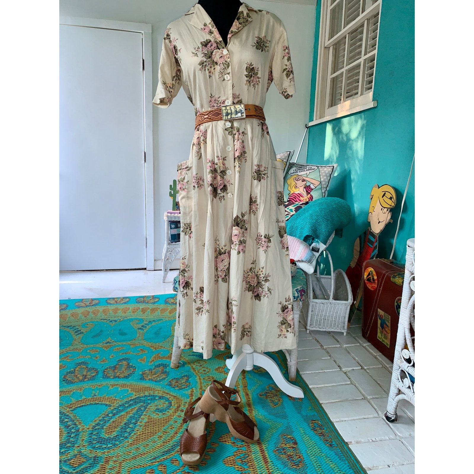 Other VINTAGE 80s BRITISH KHAKI ROBERT LIGHTON FLORAL TEA DRESS Size S / US 4 / IT 40 - 3 Thumbnail
