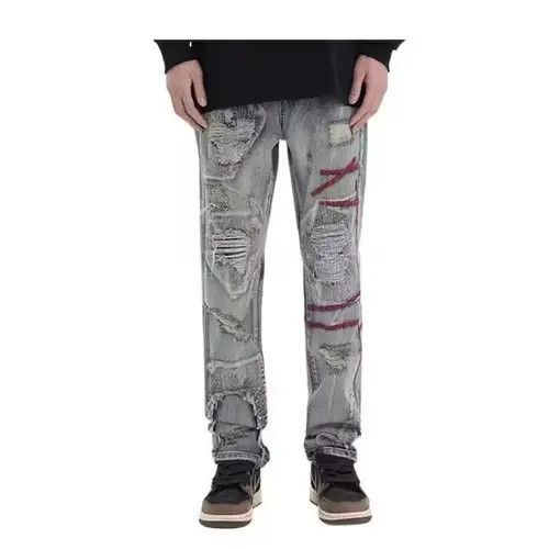 Patched Distressed Embroidery Blue Denim Jeans