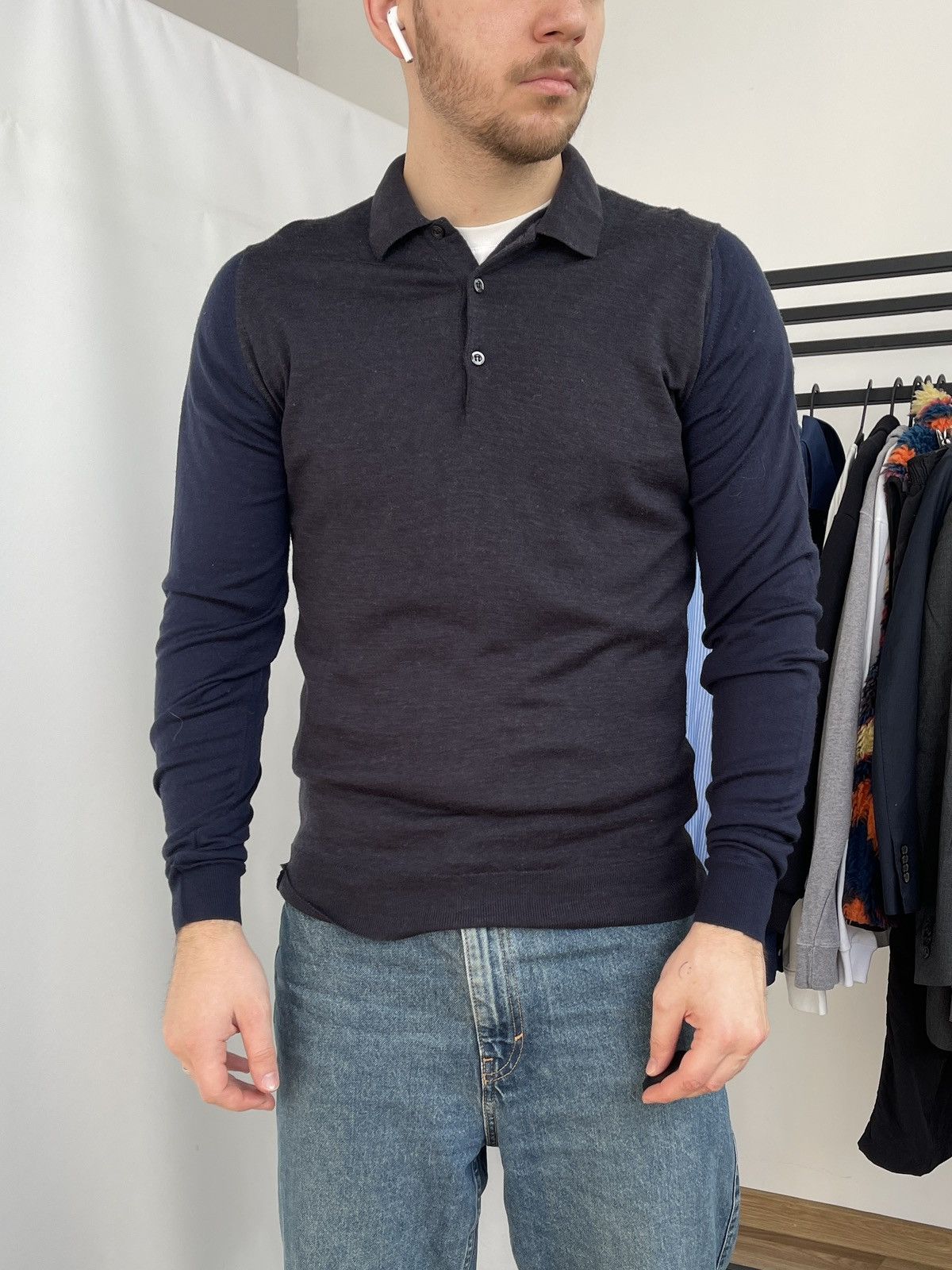 John Smedley John Smedley Grey/Navy Knit Wool Polo Shirt Size Medium Size US M / EU 48-50 / 2 - 1 Thumbnail