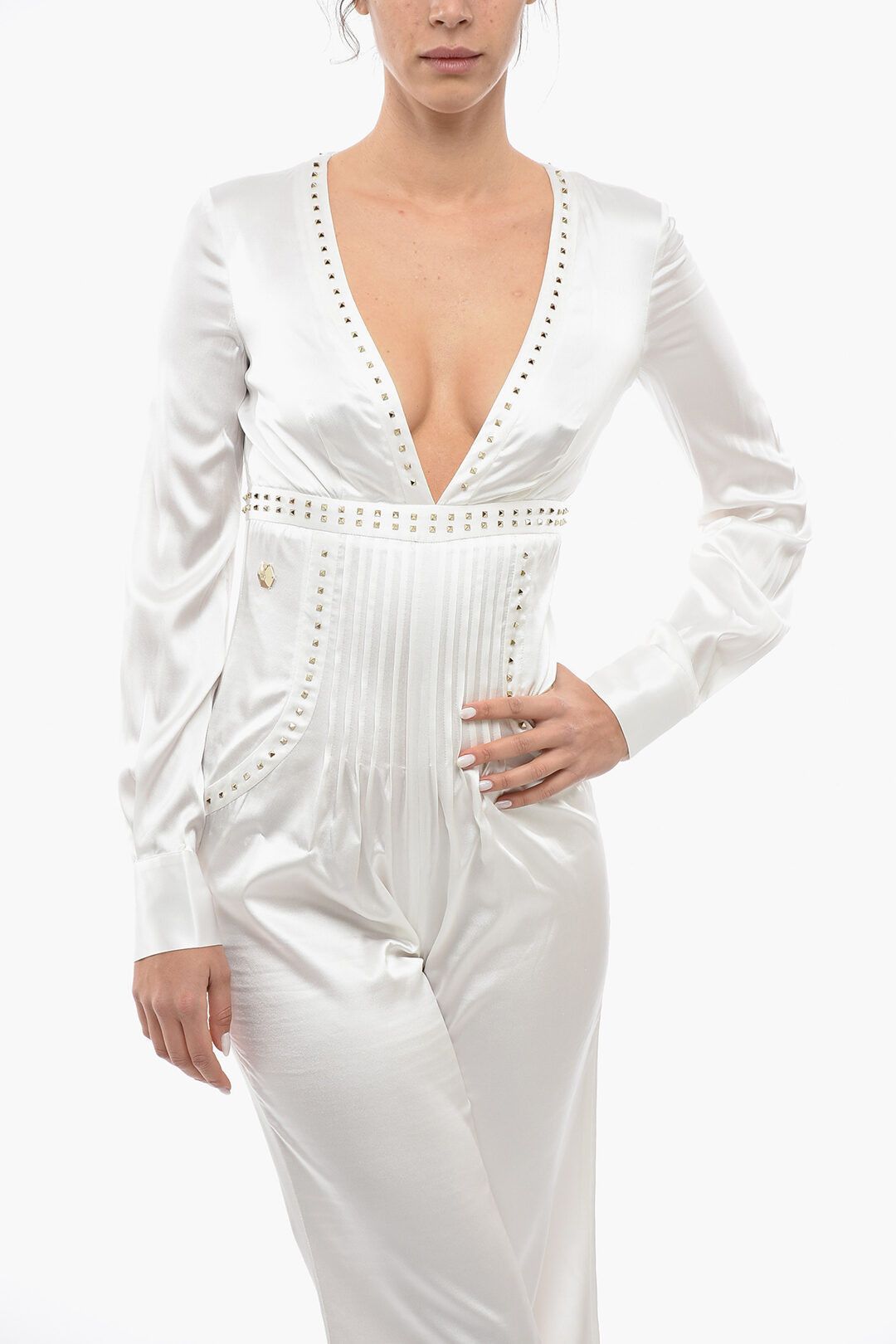 Philipp Plein og1mm0824 Satin Be Elegant Jumpsuit in White Size 30" / US 8 / IT 44 - 4 Thumbnail