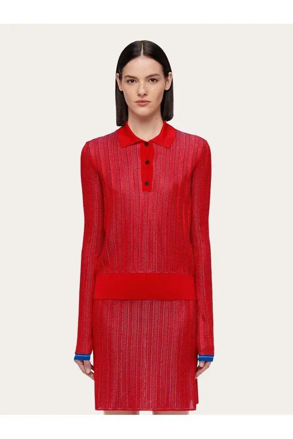 Salvatore Ferragamo o1s1rm0126 Long Sleeved Polo Shirt in Red Size S / US 4 / IT 40 - 2 Thumbnail