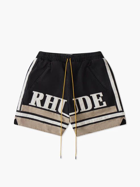 image of Rhude Os11X0124 Embroidered Logo Shorts In Black & Khaki in Black/Khaki, Men's (Size 32)
