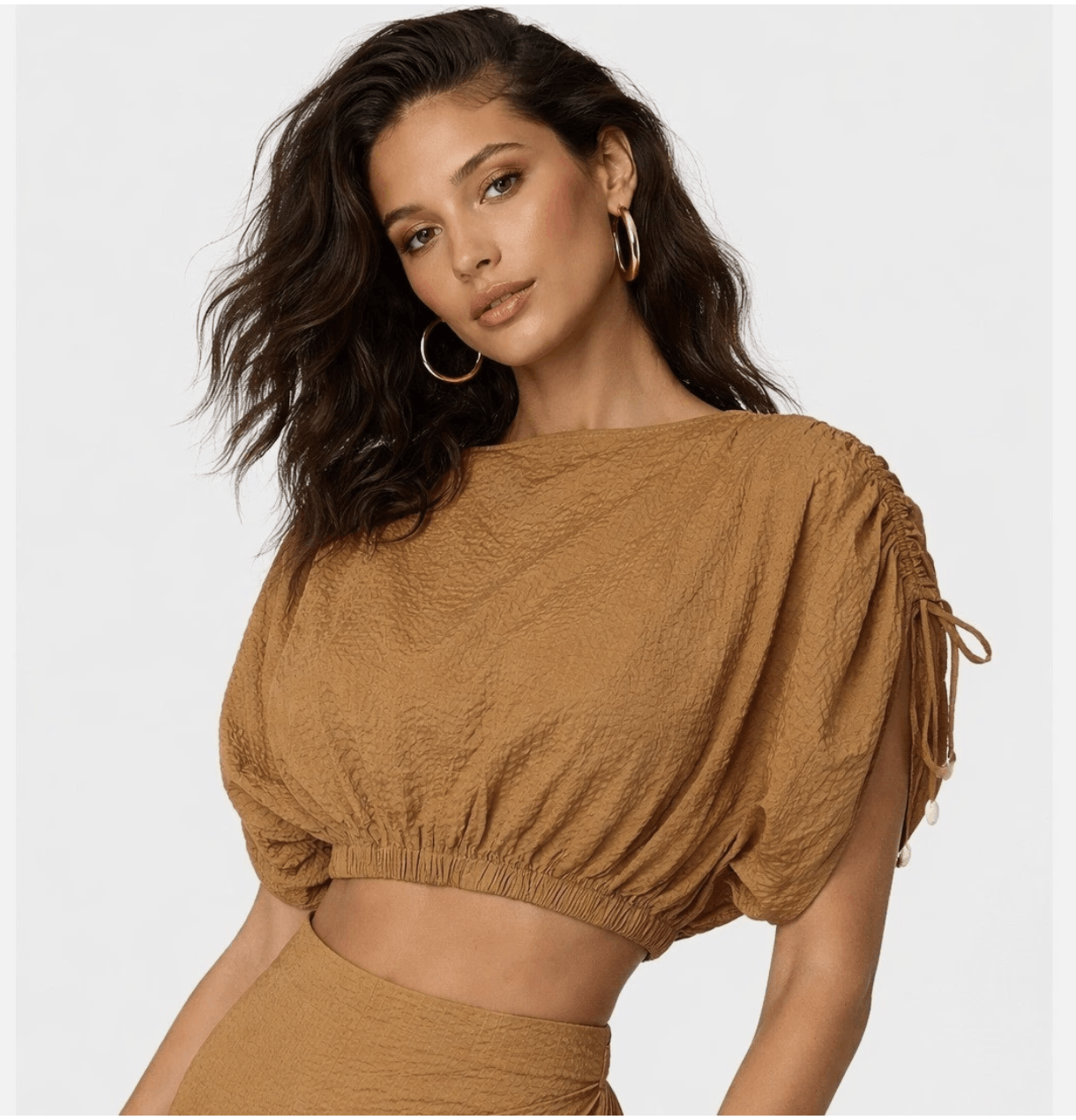Marysia Marysia Resort Brown Seersucker Puff Sleeve Cropped Top Size XS / US 0-2 / IT 36-38 - 1 Thumbnail