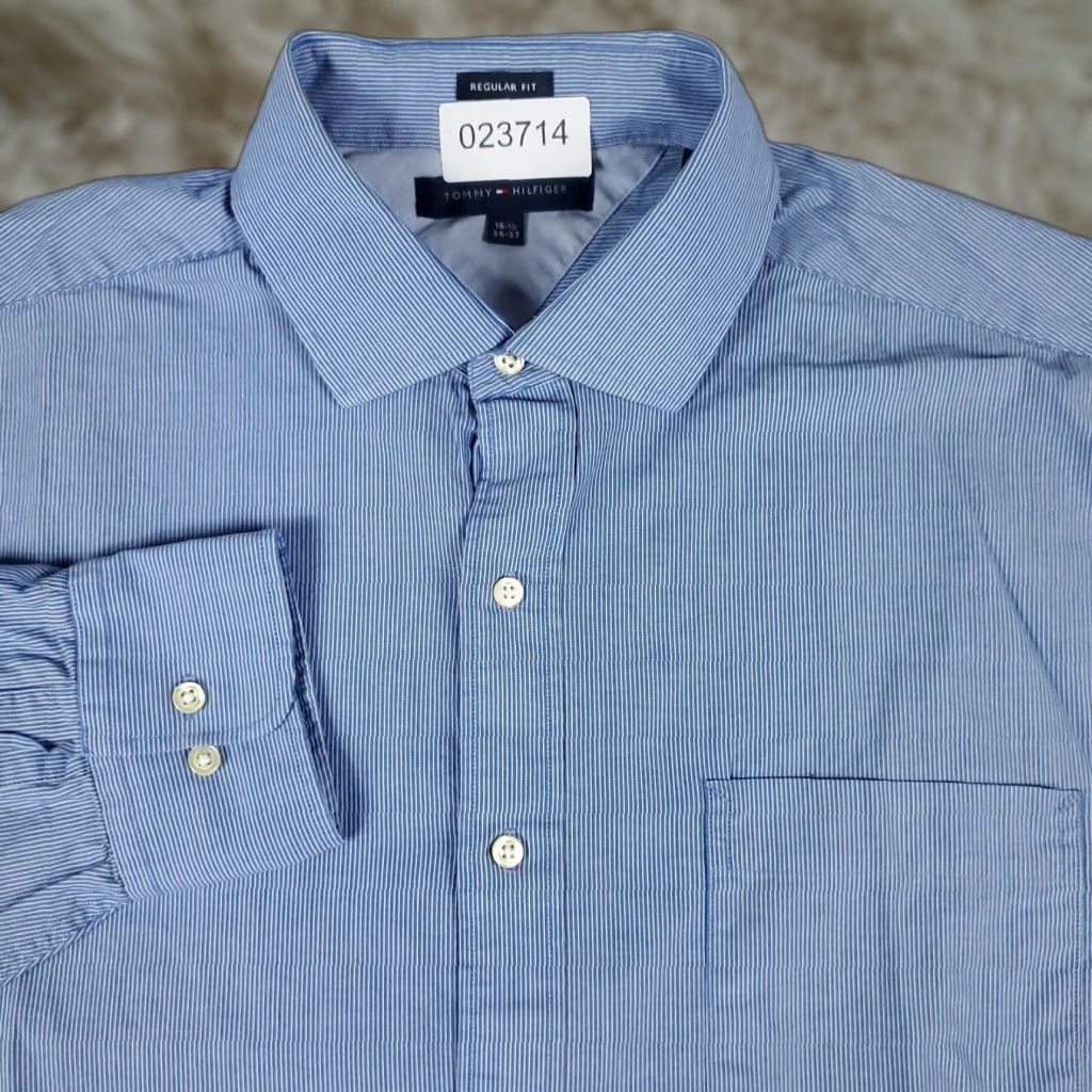 Tommy Hilfiger Tommy Hilfiger Dress Shirt Mens 16.5 Blue Striped Button Up Long Sleeve Shirt 100% Cotton Classic Wedding Office Mens Size 42R - 1 Thumbnail