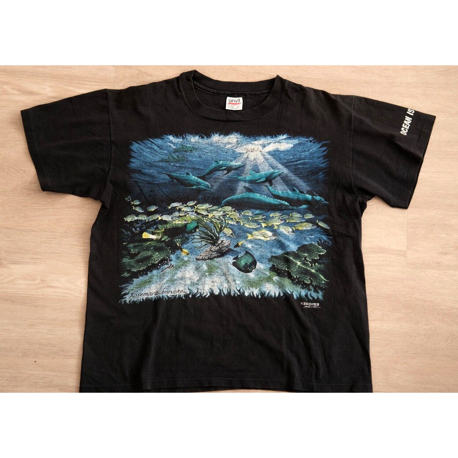 Anvil Vintage 90s Anvil Dolphins Fish Coral Seaweed Shirt XL Black Size US L / EU 52-54 / 3 - 1 Thumbnail