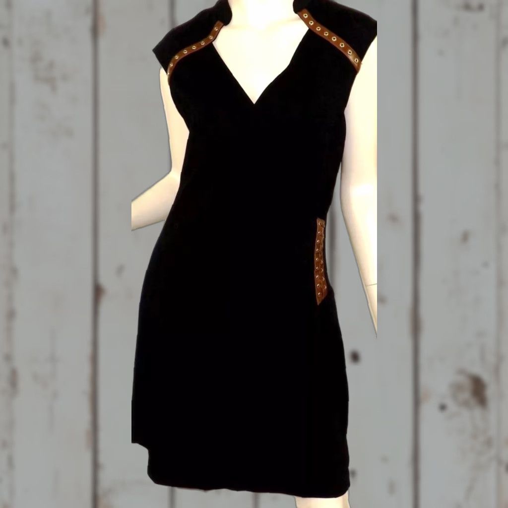 Vintage CACHE BLACK WRAP PONTE DRESS BROWN LACE UP LEATHER TRIM Sexy Steampunk Size 4 S Size S / US 4 / IT 40 - 1 Thumbnail