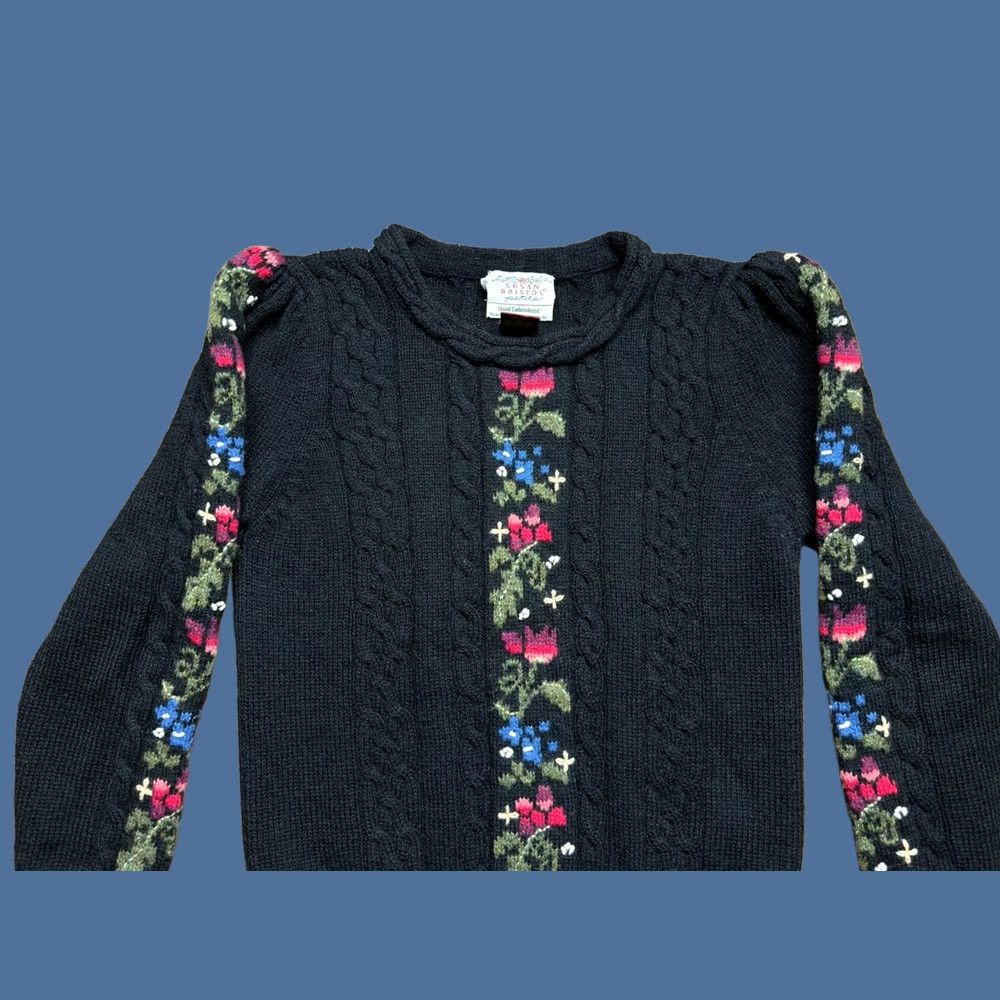 Vintage VINTAGE Susan Bristol Women’s Cable Knit Sweater Floral 100% Shetland Wool Sz 8P M Black Wool Cardigan flower 1989 Womens Size M / US 6-8 / IT 42-44 - 1 Thumbnail