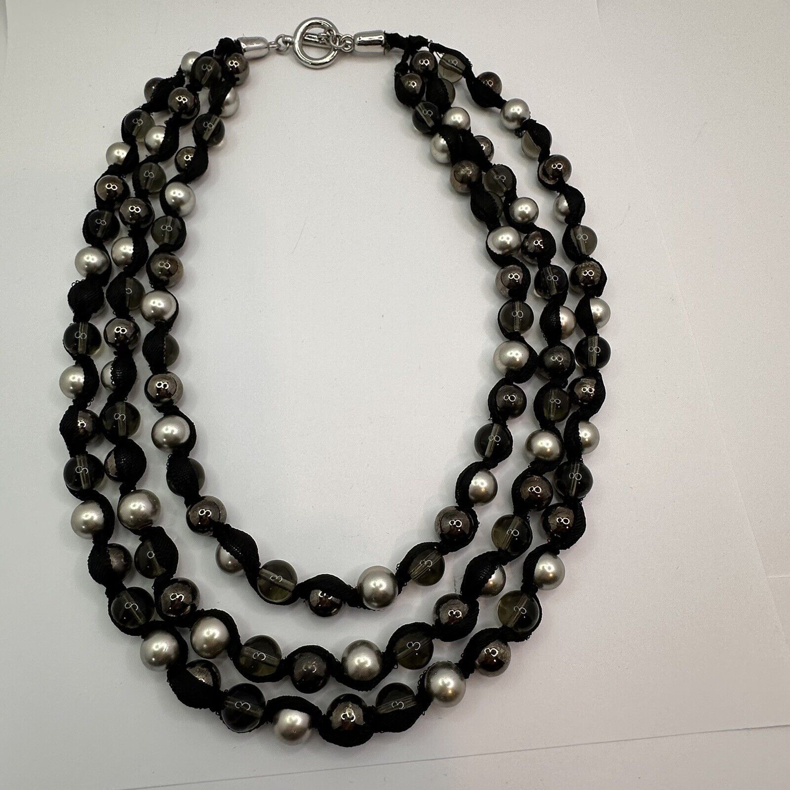 Other MultiStrand Ribbon Necklace Silver Blk Clear Glass Beads 22" Size ONE SIZE - 14 Thumbnail