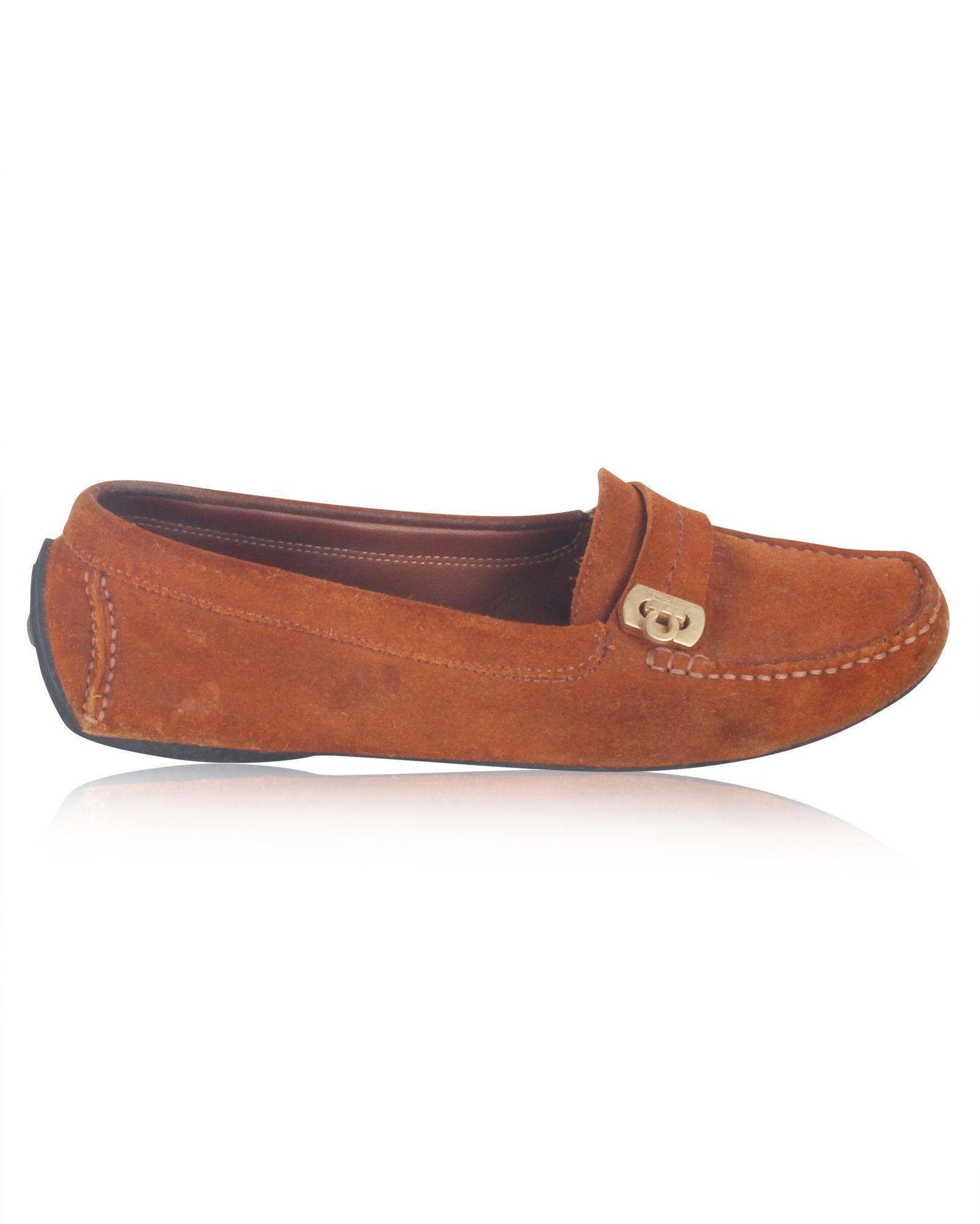 image of Salvatore Ferragamo Suede Goldtone Loafers For Day-To-Night Styling in Brown, Women's (Size 7)