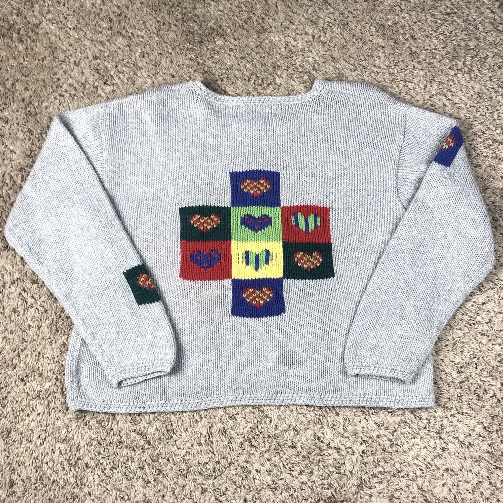Jim Thompson VINTAGE Norm Thompson Womens Gray Crop Knit Sweater Small Heart Knit Graphic Pullover Long Sleeve Boat Neck Size S / US 4 / IT 40 - 3 Thumbnail