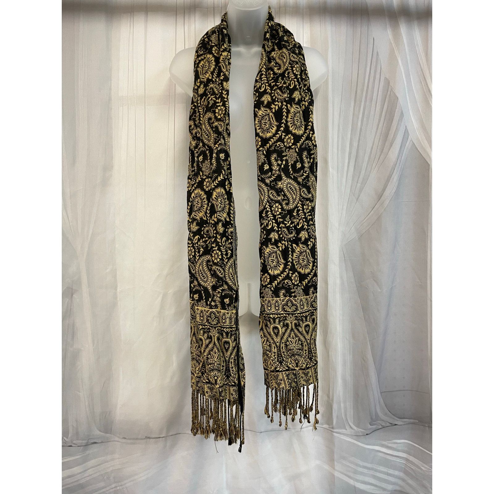 Other Vintage Black Gold Paisley Scarf Wrap Shawl Fringe Boho Size ONE SIZE - 2 Thumbnail