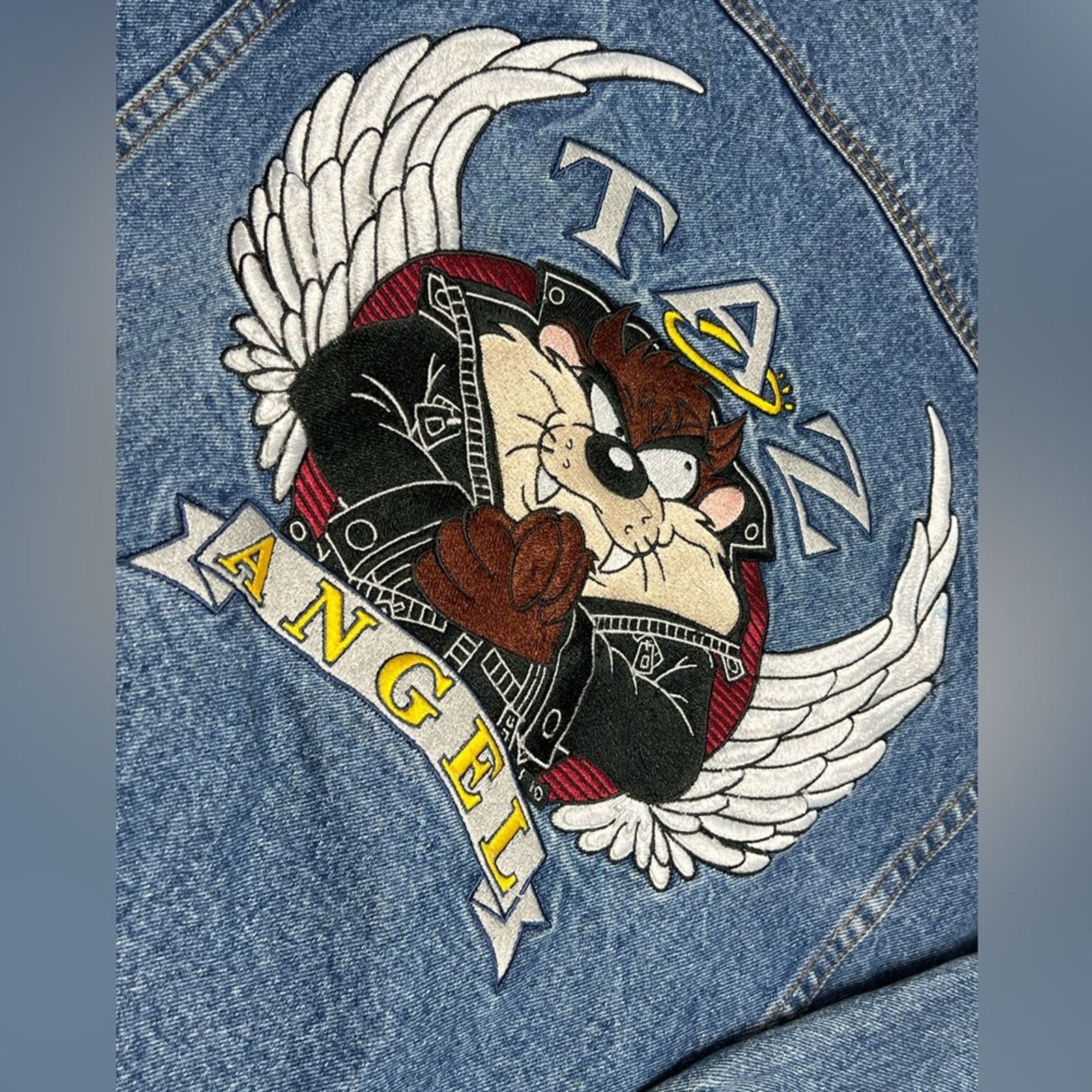 Warner Bros Vintage Looney Tunes Taz Angel Embroidered Chore Jean Jacket Size US L / EU 52-54 / 3 - 9 Thumbnail