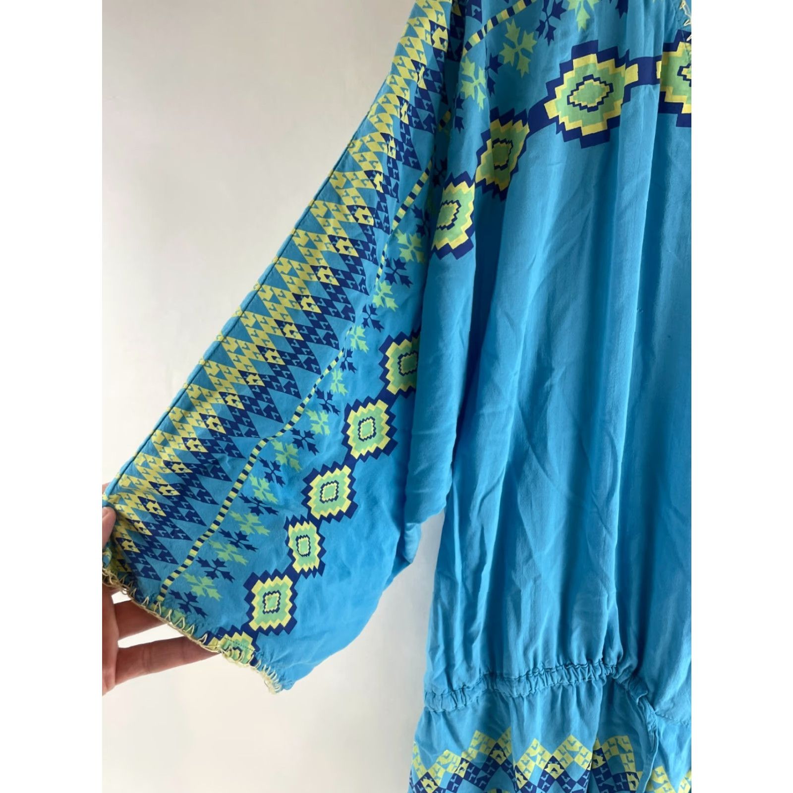 Vintage One World Swim Cover Boho Women's Large Long Sleeve V-Neck Waist Drawstring Shirt Size L / US 10 / IT 46 - 5 Thumbnail