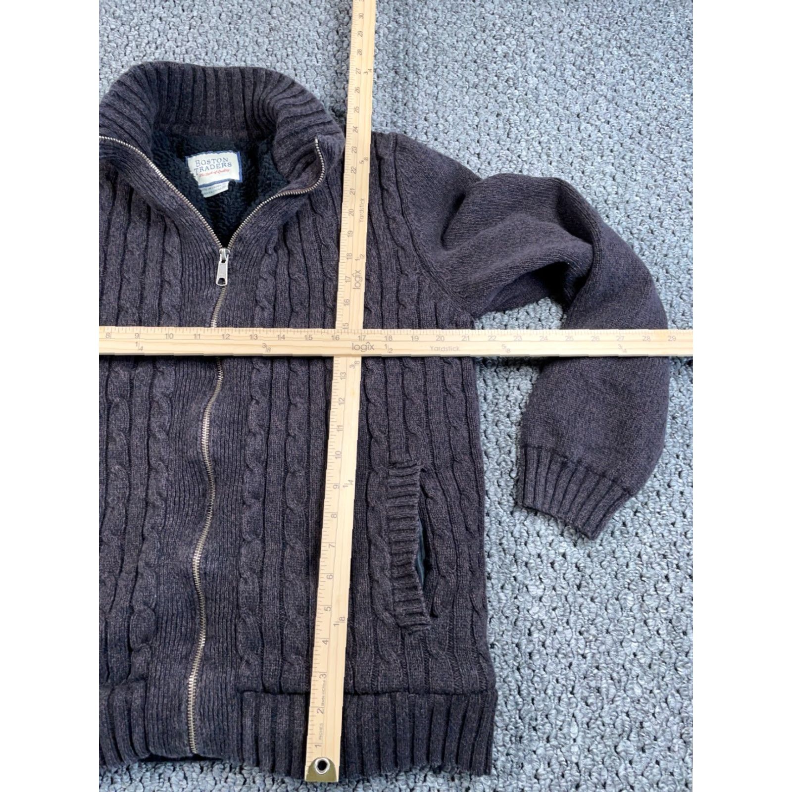 Vintage Boston Traders Sherpa Lined Zip Sweater Adult XL Brown Black Cable Knit Cotton Size US XL / EU 56 / 4 - 6 Thumbnail