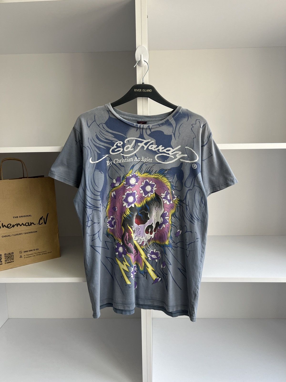 Ed Hardy × Vintage Vintage Ed Hardy Men Blue Lightning Skull Shirt Size US M / EU 48-50 / 2 - 1 Thumbnail