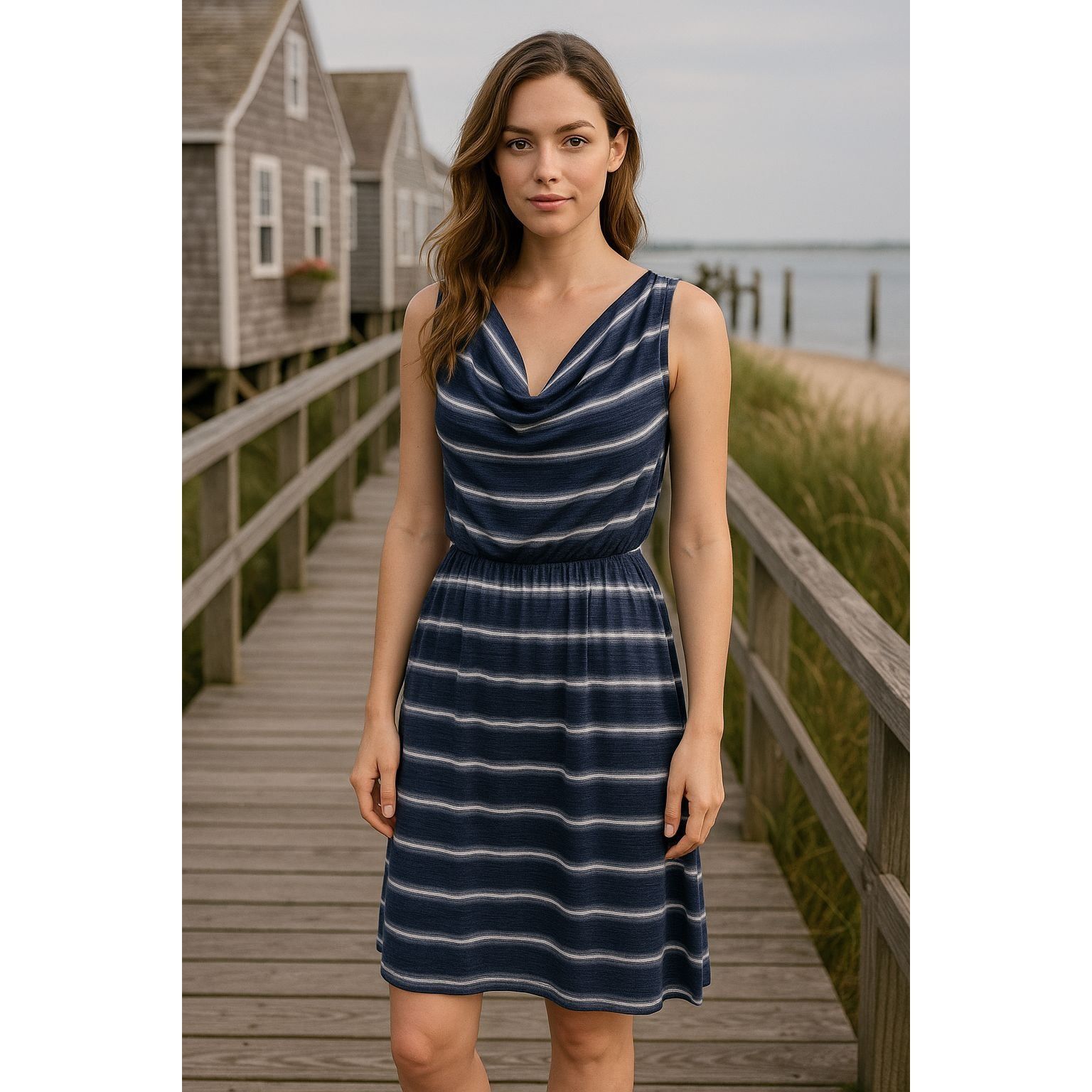 Other AB Studio XS Navy Striped Sleeveless Cowl Neck Dress Nautica Size XS / US 0-2 / IT 36-38 - 3 Thumbnail