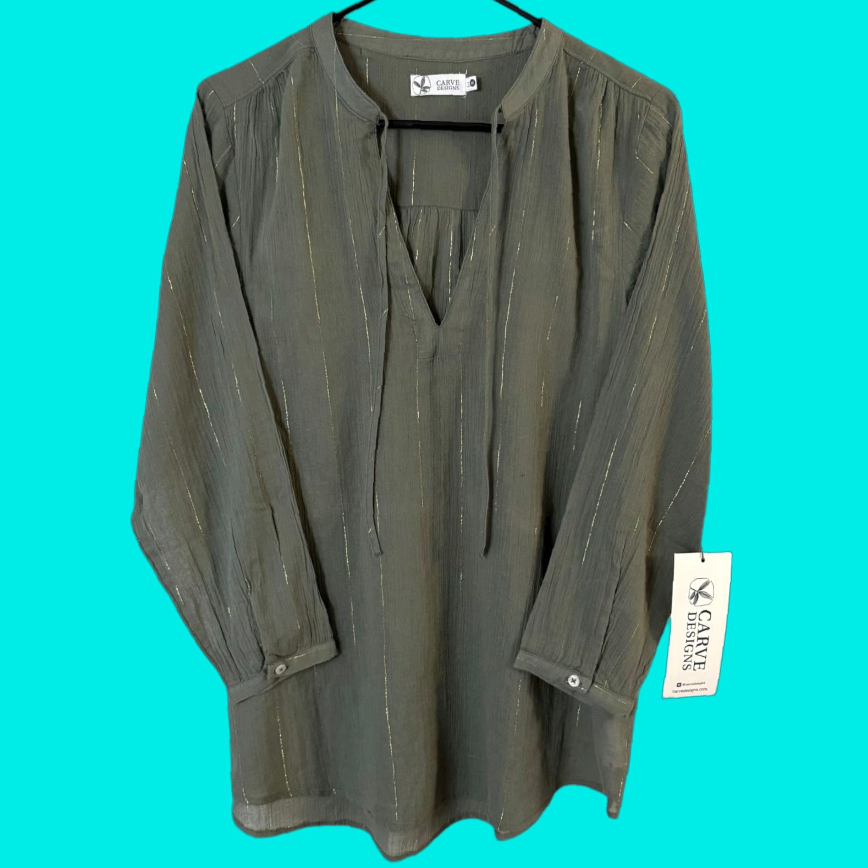 Vintage Carve Designs Tunic Women Medium Green Organic Cotton Metallic Stripe Beach Bohemian Lightweight V-Neck Long Sleeve Casual Travel Size M / US 6-8 / IT 42-44 - 1 Thumbnail