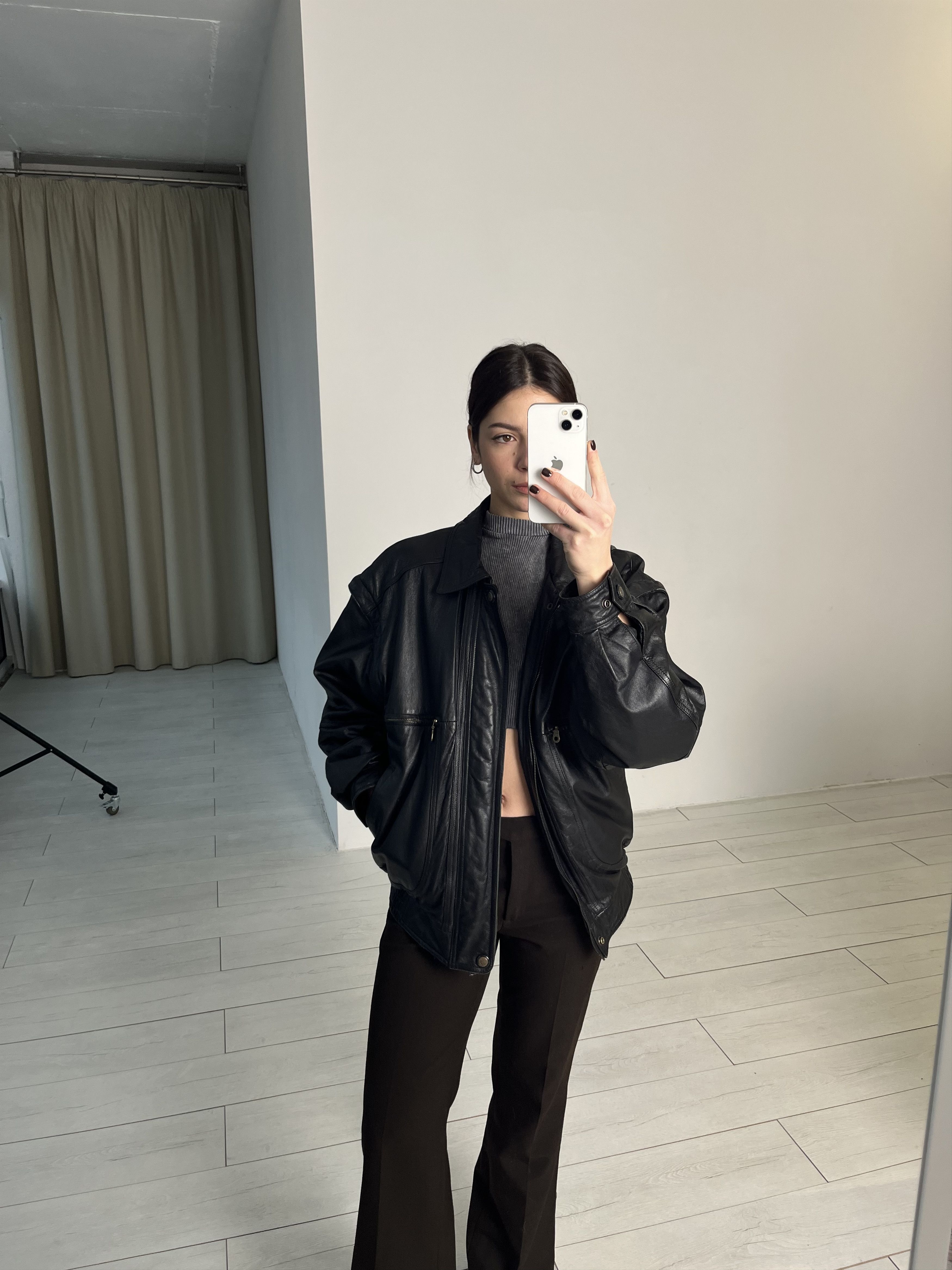 image of 80's 90's Vintage Bomber Oversize Racing Pilot Leather Jacket in Black, Women's