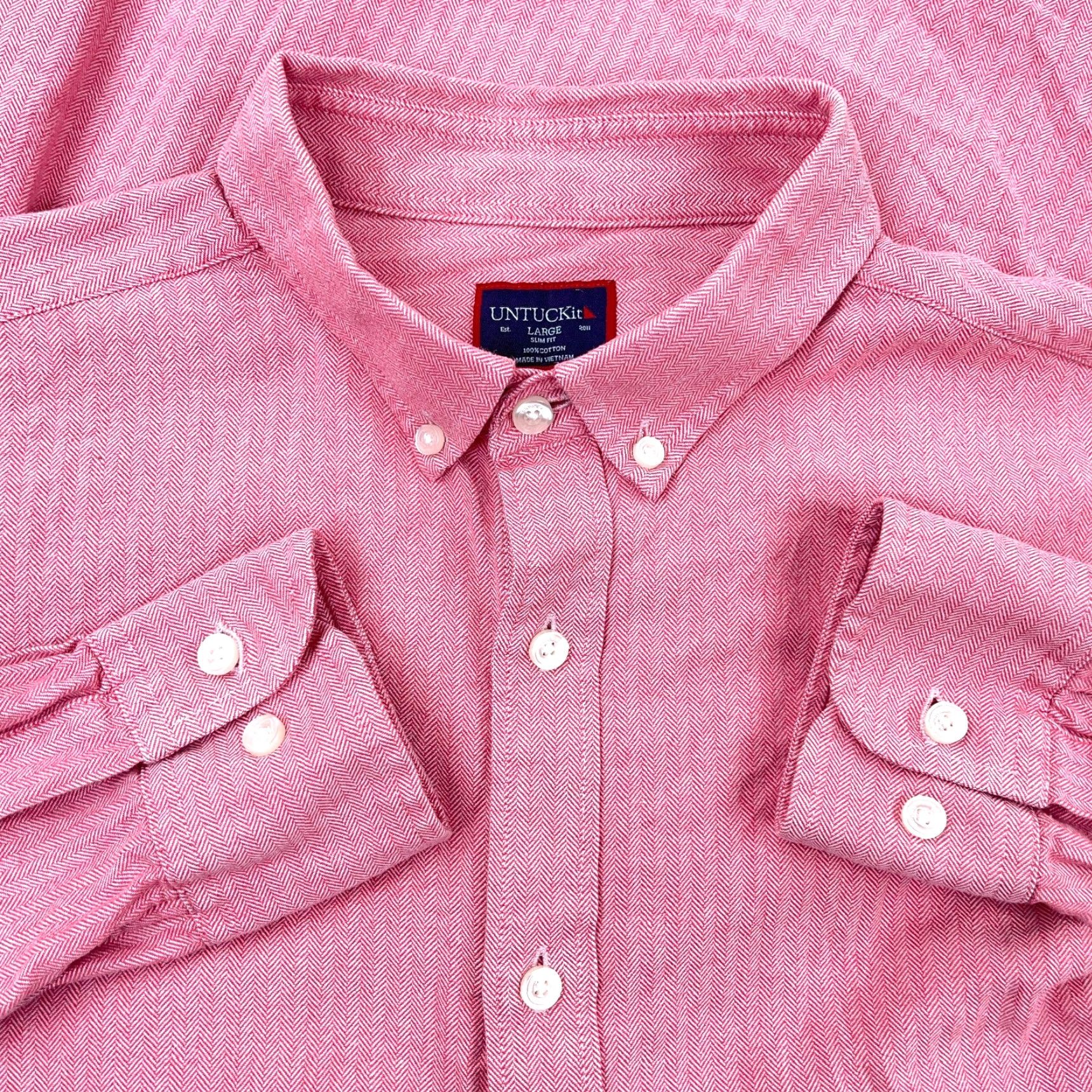 UNTUCKit UNTUCKit Shirt Men Large Pink Slim Fit Button Up Dress Casual Cotton Herringbone Size US L / EU 52-54 / 3 - 2 Thumbnail