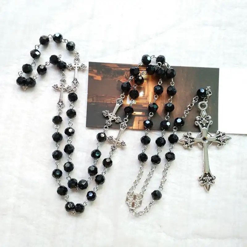 Chain x Jewelry Black Crystal Rosary Necklace Long Cross Pendant in Silver, Men's