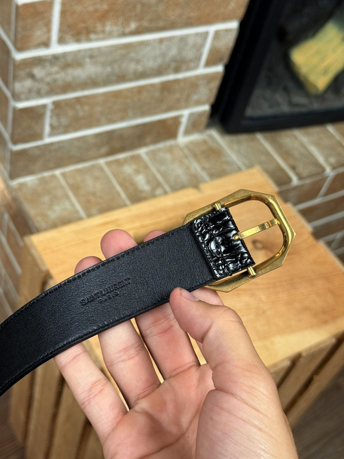 Saint Laurent Paris Saint Laurent Frame Thin Belt Crocodile Embossed Belt Size ONE SIZE - 9 Thumbnail