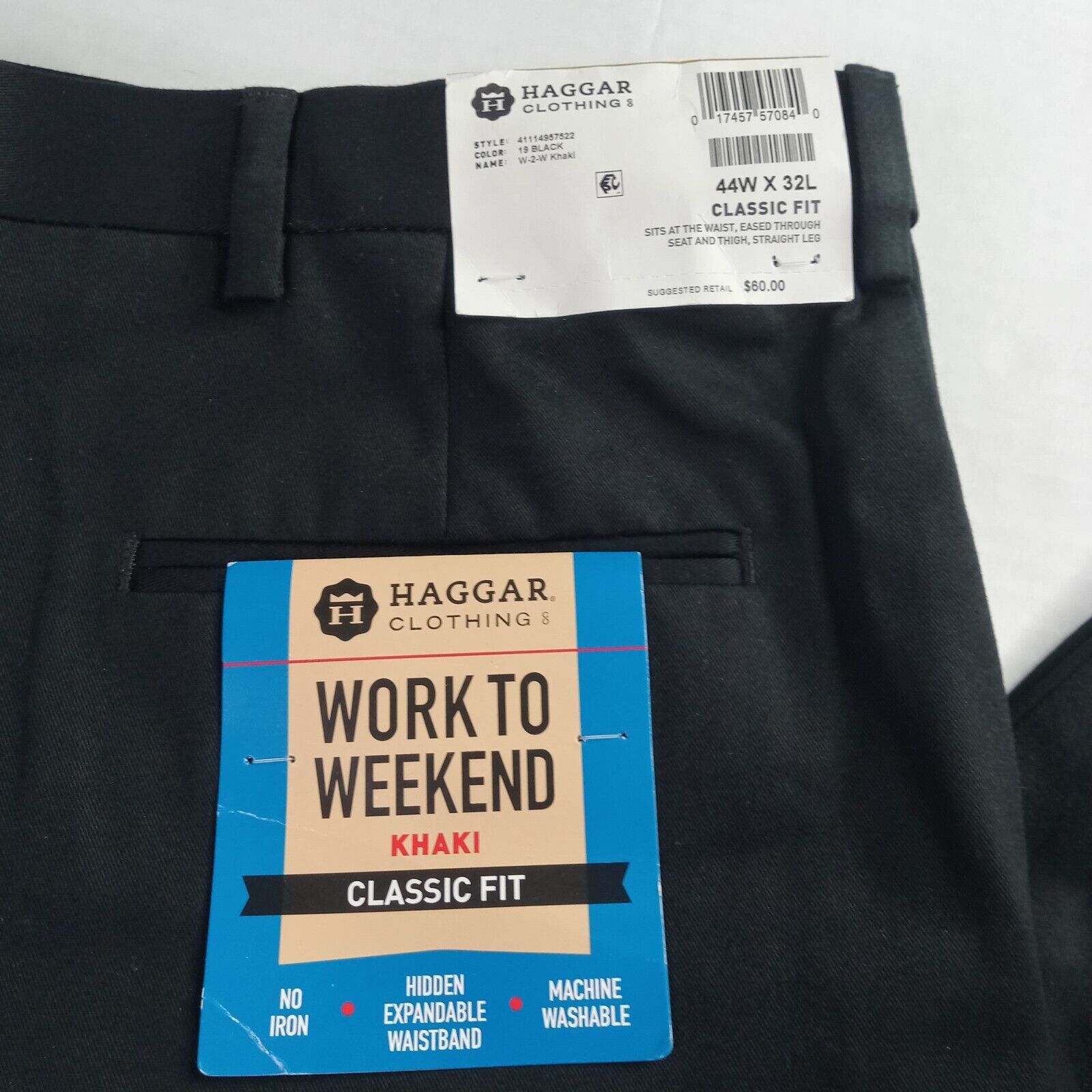 Haggar Haggar Khakis Men's 44x32 Black Classic Fit Expandable Waist Size US 44 / EU 60 - 2 Thumbnail