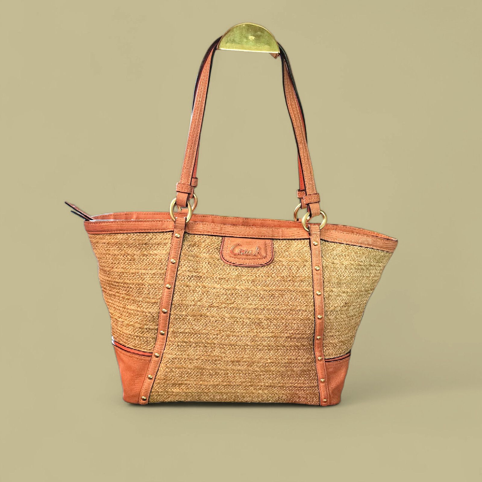 Coach Alexandra straw studded tote shoulder handbag F21959