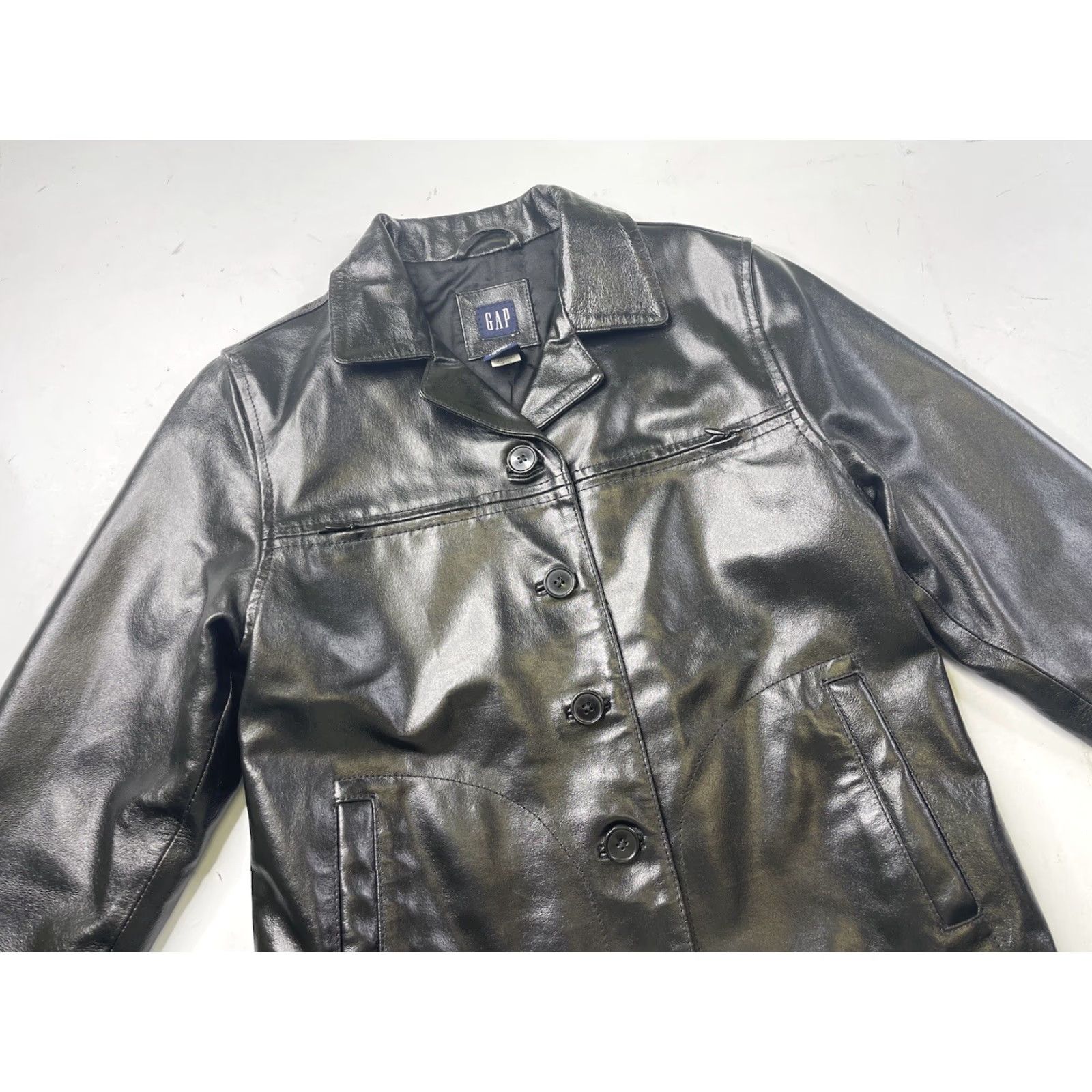 Gap VINTAGE Gap Jacket Women's M Black Leather Coat Blazer Button Up Grunge 90s City Classic College Punk Gothic Retro Rock Overcoat Short Jacket Size M / US 6-8 / IT 42-44 - 2 Thumbnail