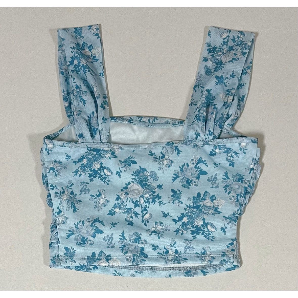 Japanese Brand Blue Mesh Ruched Floral Tank Crop Top Shirt Blouse Cami XS 🩵 Size XS / US 0-2 / IT 36-38 - 3 Thumbnail