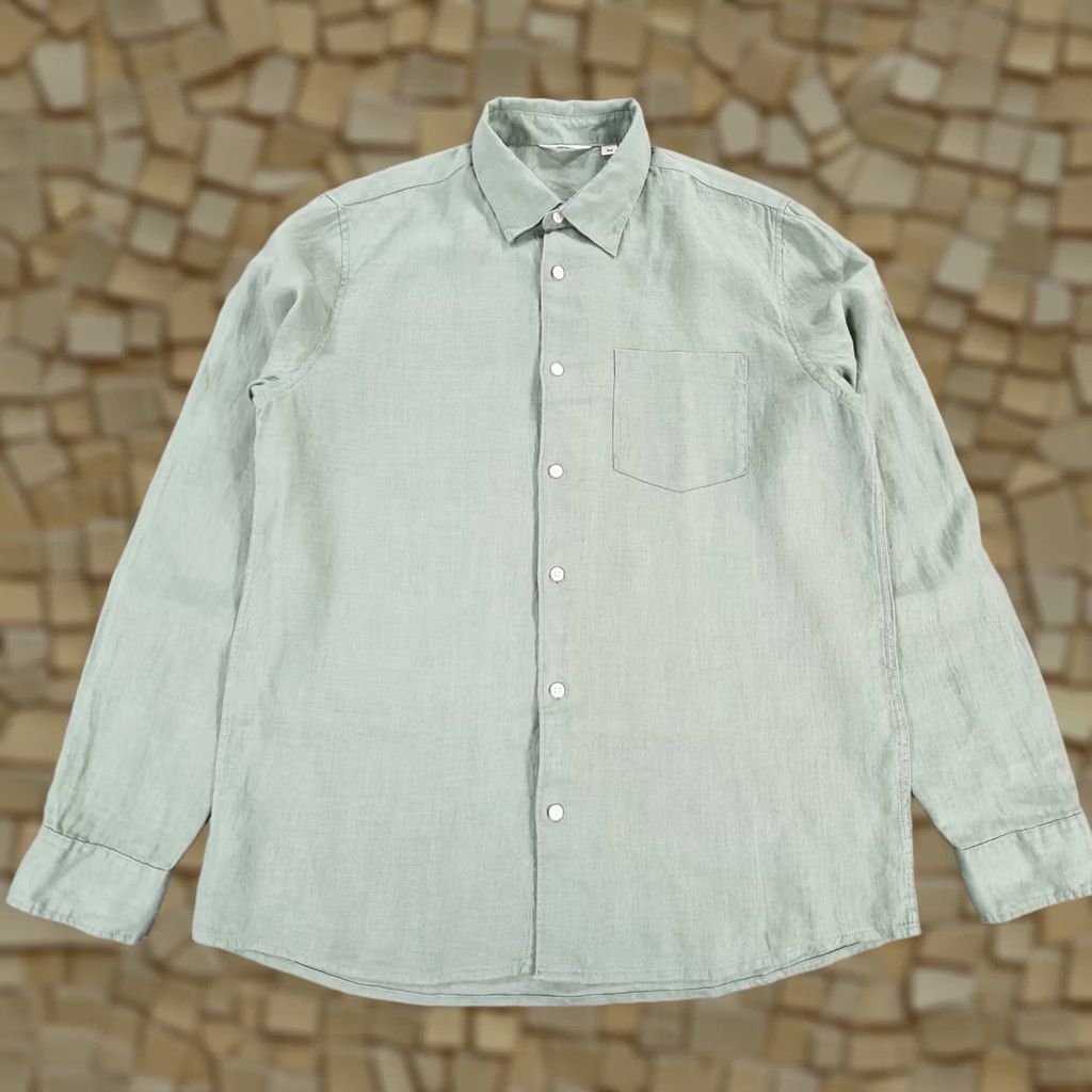 Vintage dobber Mens Shirt Green Medium Relaxed Fit 100% Linen Long Sleeve Button-Up Casual Winter Spring Summer Autumn Mens Size US M / EU 48-50 / 2 - 1 Thumbnail