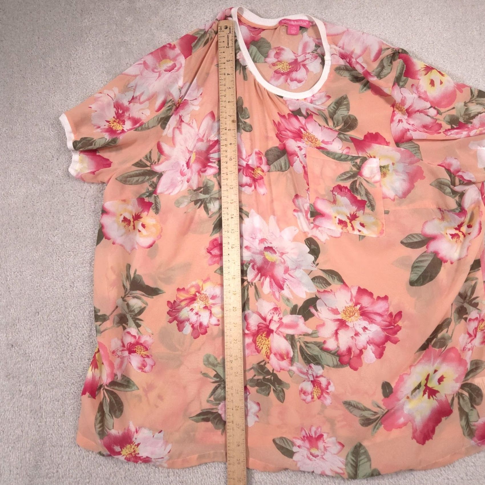 Vintage Woman Within Blouse Womens 1X Pink Floral Sheer Dolman Sleeve Chiffon Tunic Top Size XL / US 12-14 / IT 48-50 - 5 Thumbnail