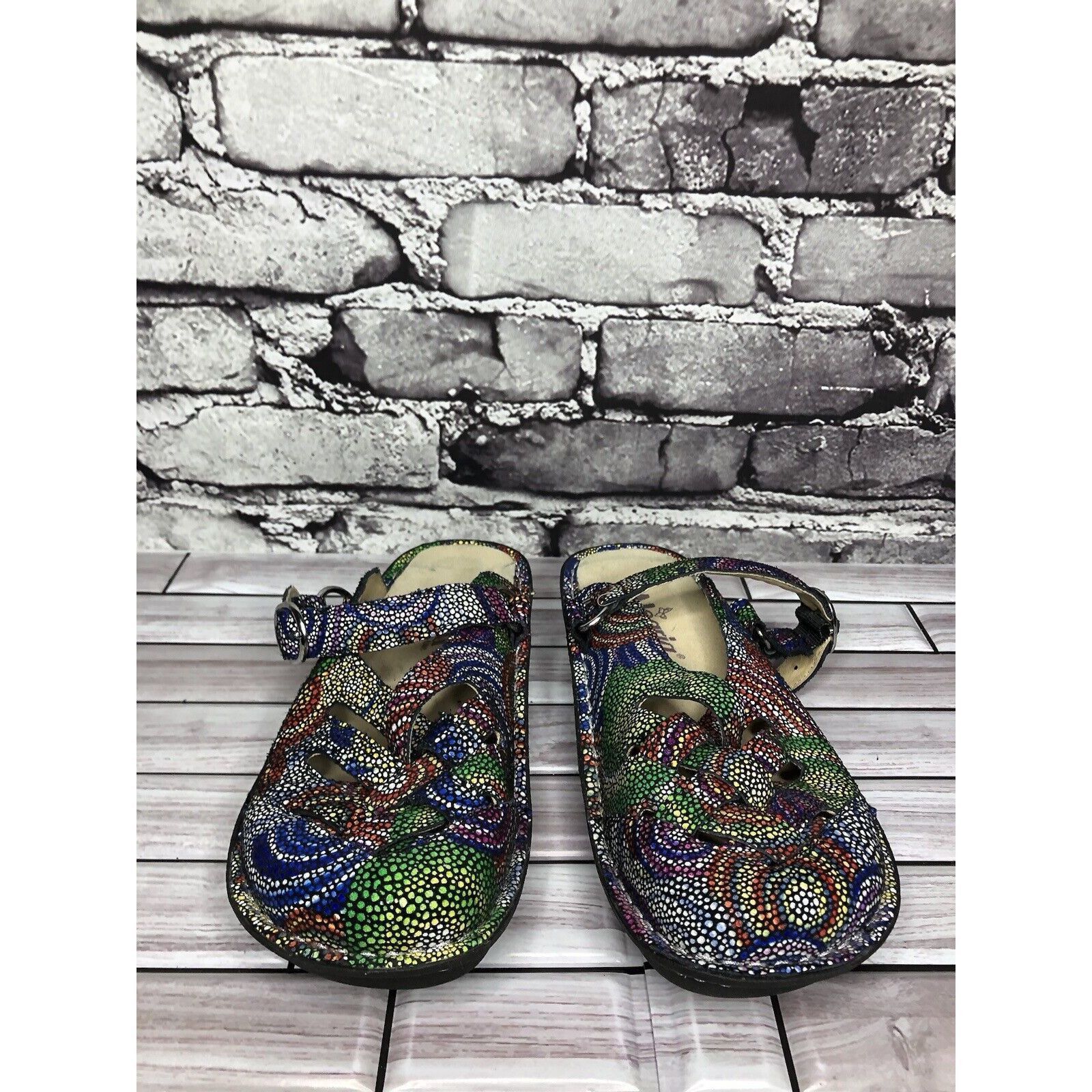 Allegri Alegria Fre-387 Rainbow Mosaic Leather Strap Clogs Shoes Wom Size US 5 / IT 35 - 21 Thumbnail
