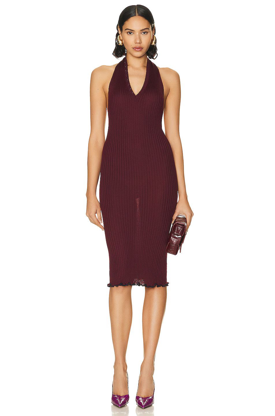 Bottega Veneta o1loc1c0824 728755 Silk Cashmere Ribbed Dress in Burgundy Size L / US 10 / IT 46 - 1 Thumbnail