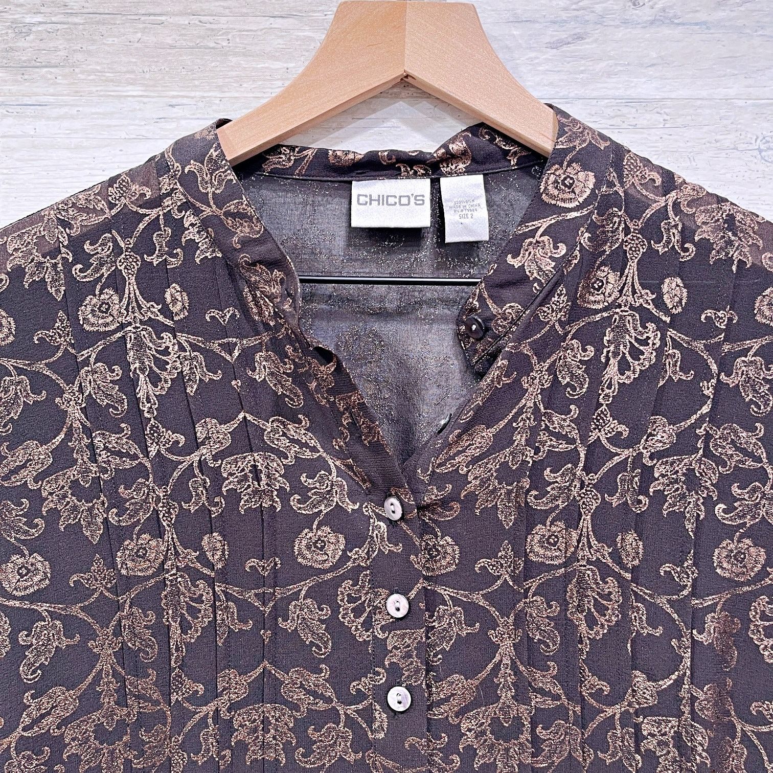 Chicos Chicos Silk Foil Floral Print Blouse Brown Sheer Paisley 2 Size L / US 10 / IT 46 - 2 Thumbnail