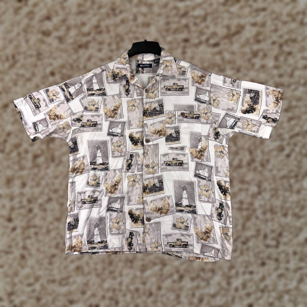 Vintage Puritan Shirt Mens Large Beige Hawaiian Sailboat Lighthouse Truck Postcard Rayon Size US L / EU 52-54 / 3 - 1 Thumbnail