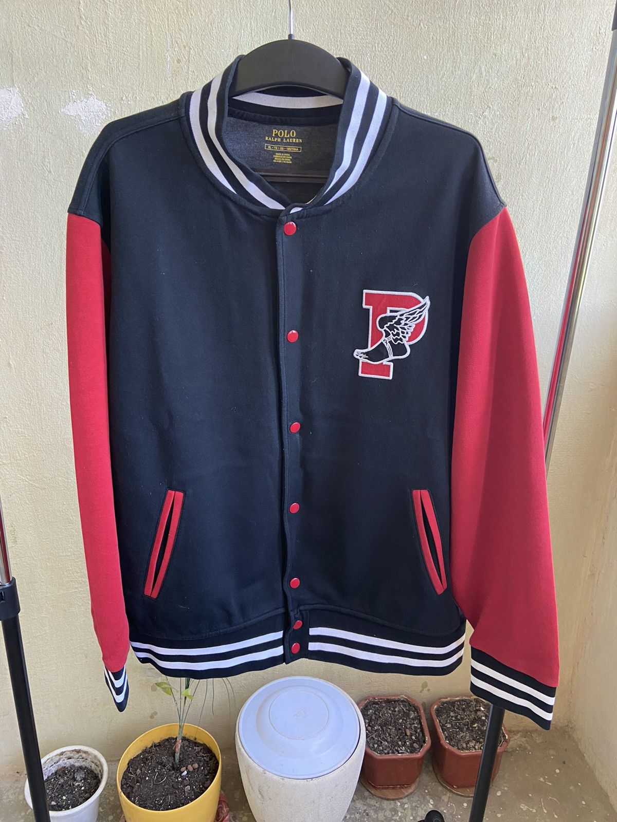 image of Polo Ralph Laurent P-Wing Baseball Jacket 1992 Stadium Bomber in Black Red, Men's (Size XL)