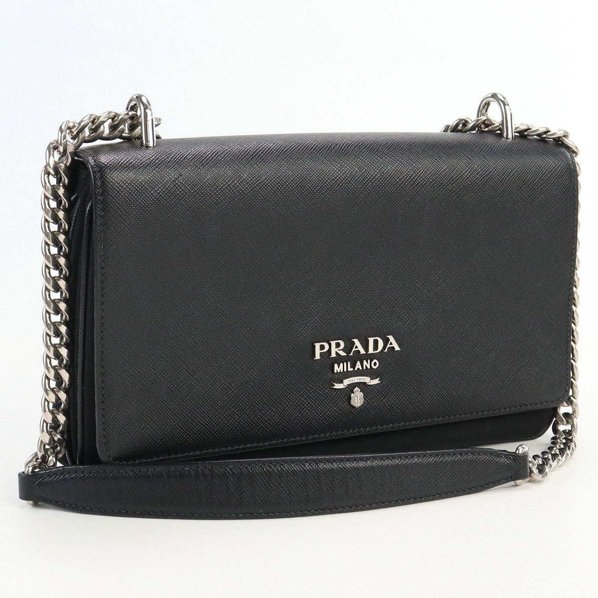 image of Prada Shoulder Bag Diagonal Chain Leather Black, Women's