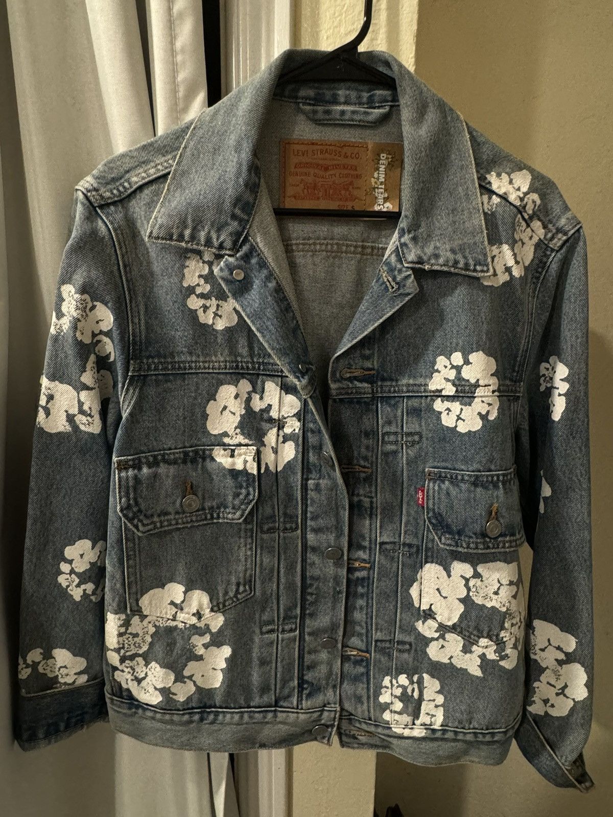 image of Denim Tears All Over Wreath Light Wash Jacket in Blue, Men's (Size Small)