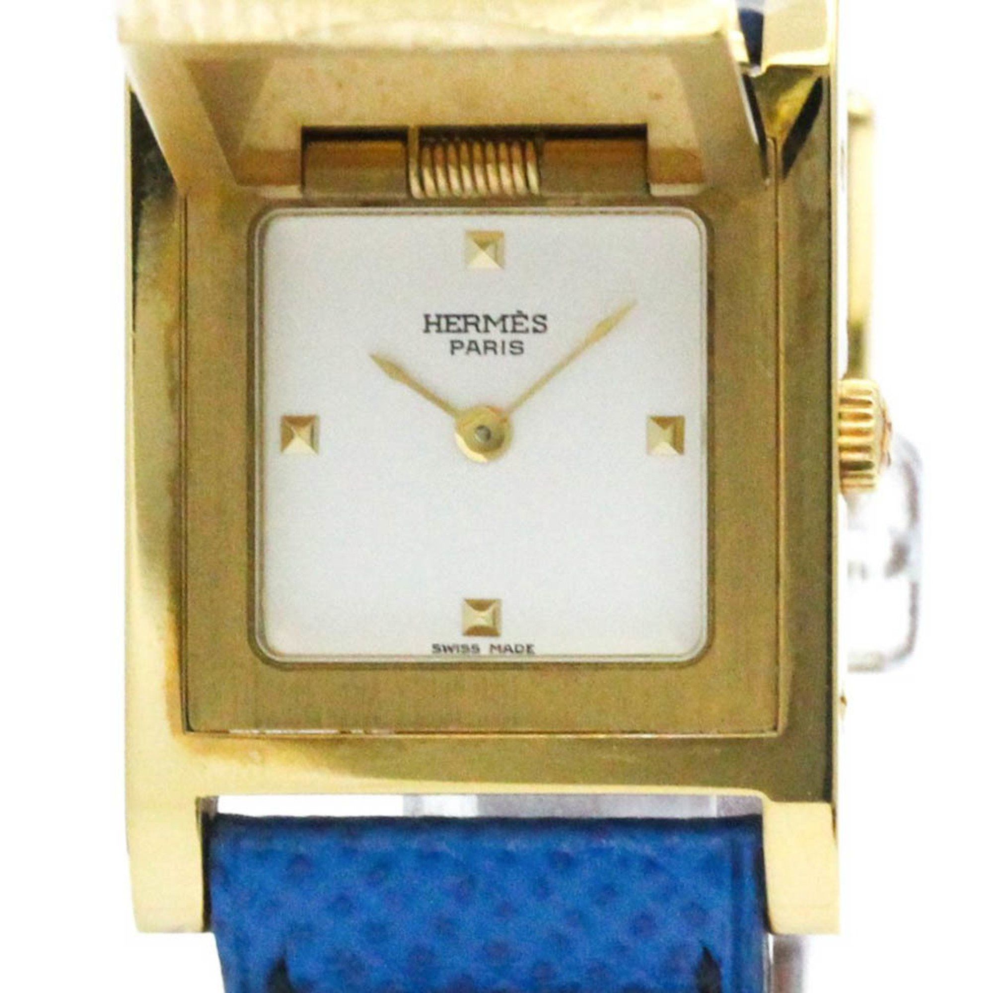 Hermes Medor Gold Plated Leather Quartz Ladies Watch Bf581508 in White, Women's