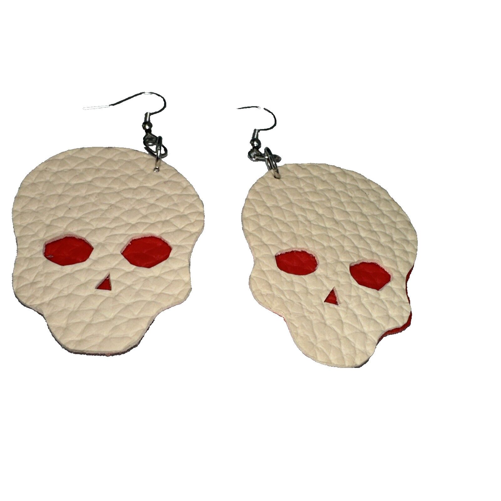 Handmade Hand-Made Halloween Skull Red White Pleather Hook Earrings Size ONE SIZE - 3 Thumbnail