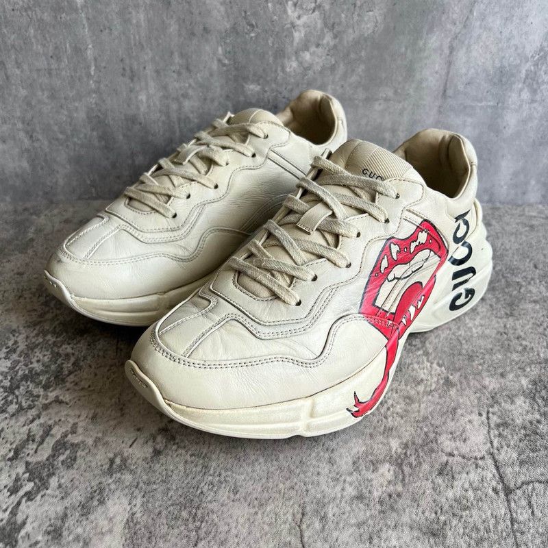 Gucci Gucci Rhyton Leather Dad Sneakers with Lip Print 0079 Size US 8 / EU 41 - 1 Thumbnail